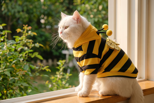 White cat in the PAWSE bumblebee striped hoodie sitting on a sunlit windowsill, side profile, garden in background