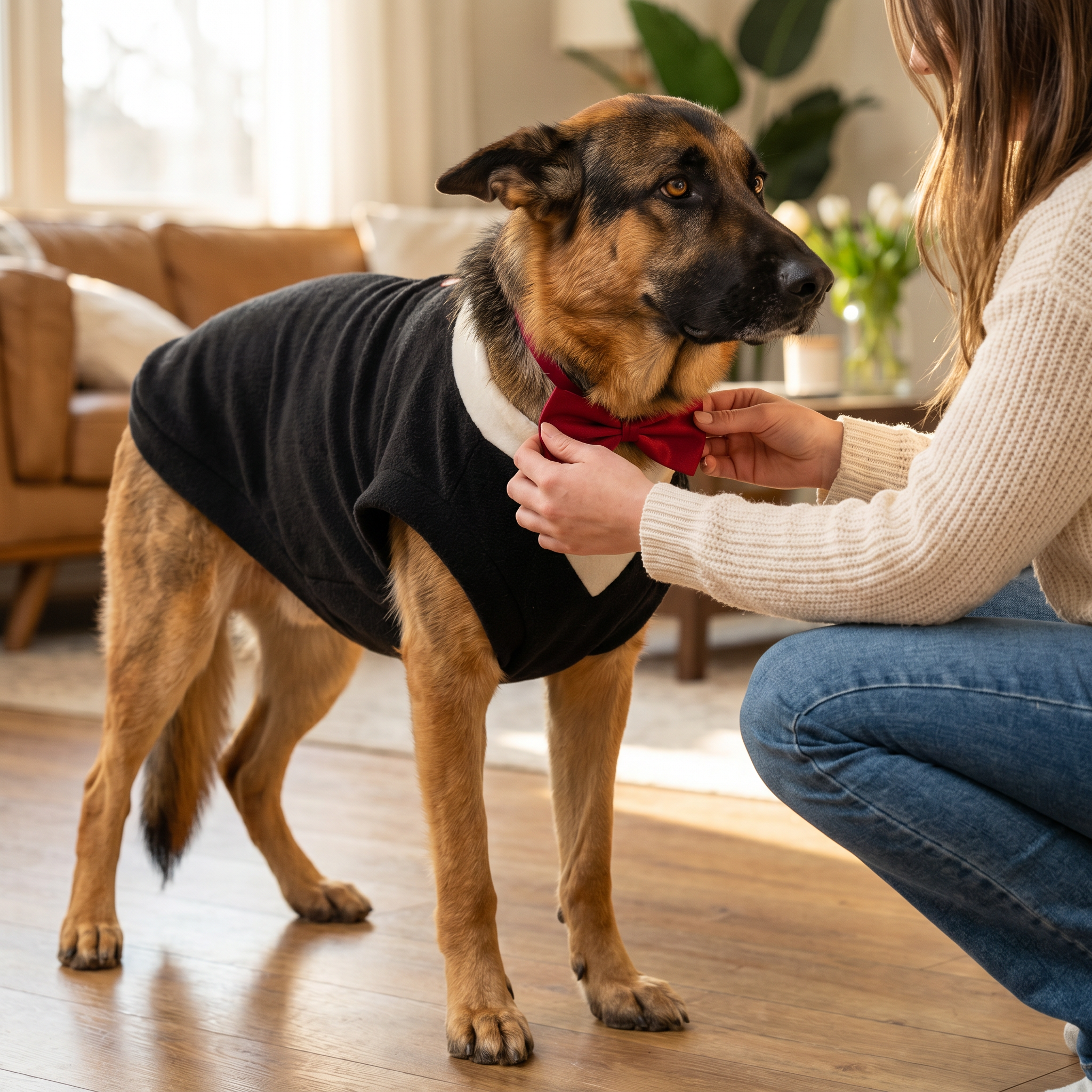 German Shepherd standing in a warm indoor setting wearing the PAWSE black dog tuxedo, owner gently petting the side