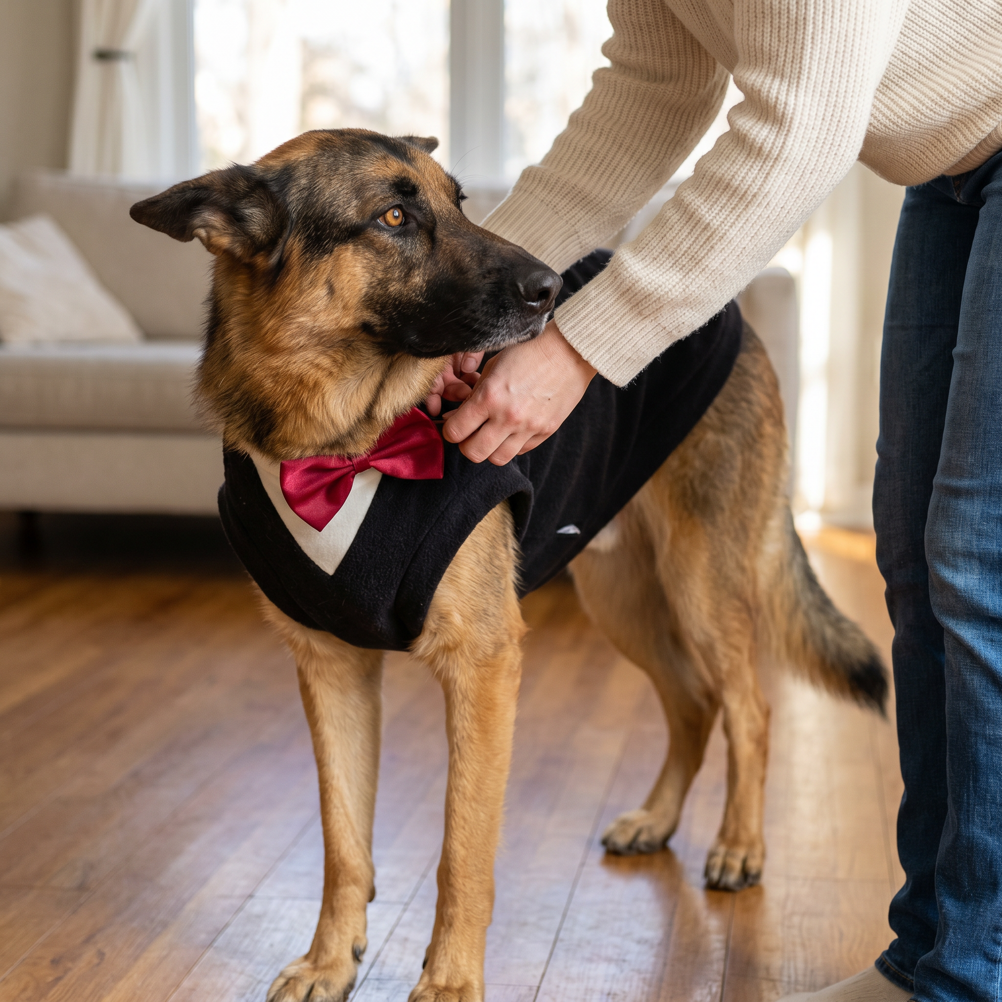Owner kneeling to adjust the wine-red satin bow tie on a German Shepherd wearing the PAWSE black dog tuxedo