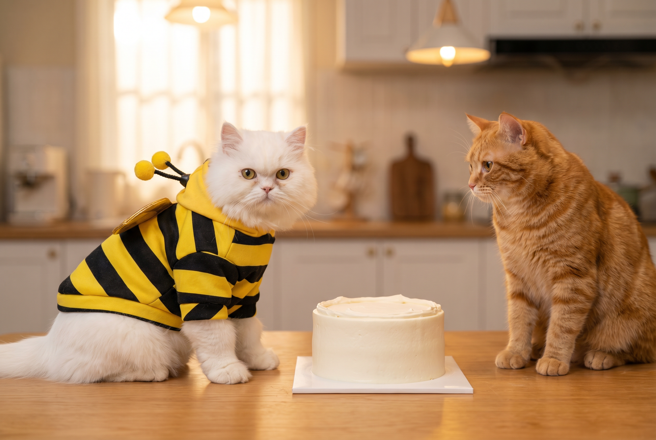 White cat in the PAWSE bumblebee hoodie sitting at a kitchen counter beside a small birthday cake, with an orange tabby cat watching