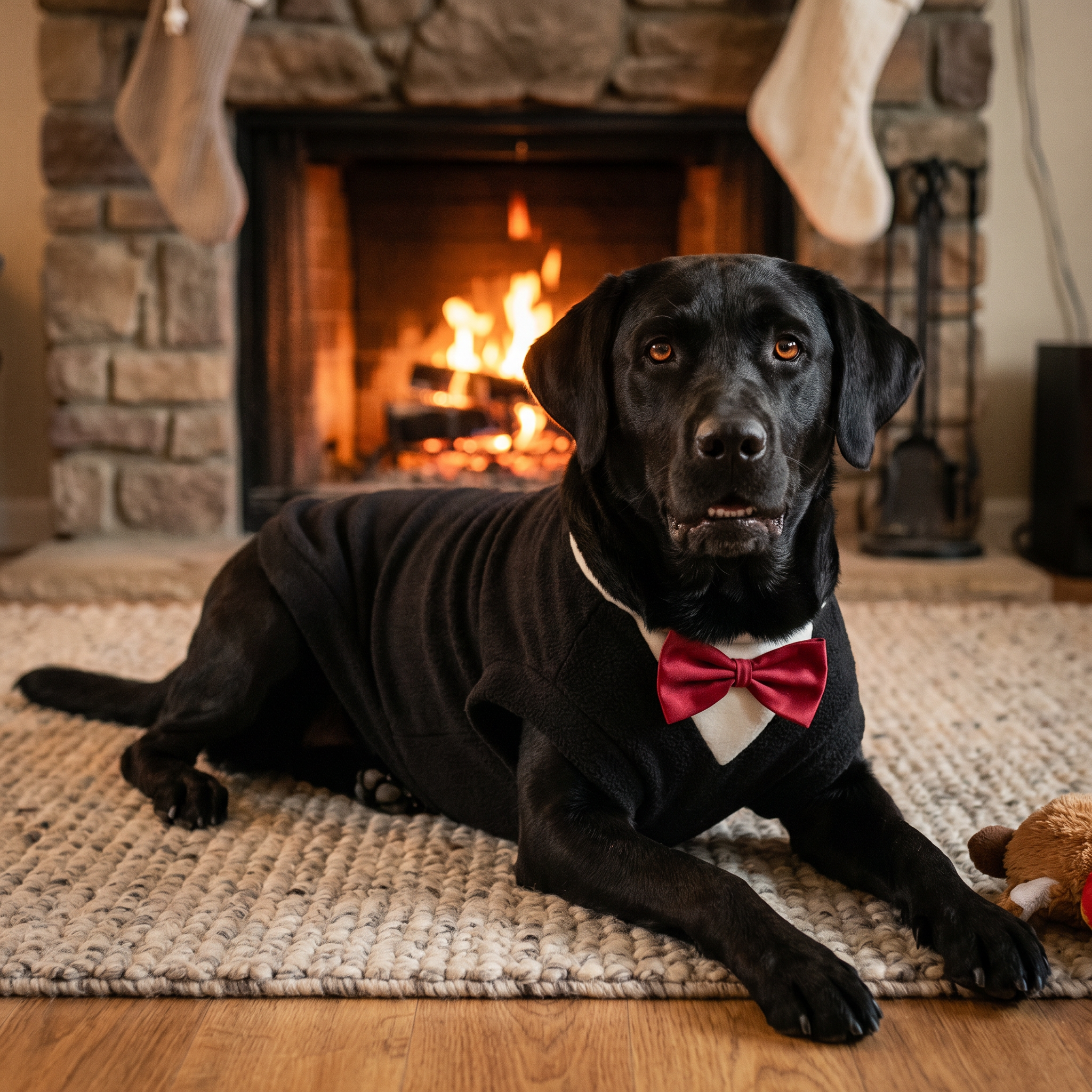 Black Labrador lying on a hearth rug in front of a fireplace with Christmas stockings, wearing the PAWSE black dog tuxedo
