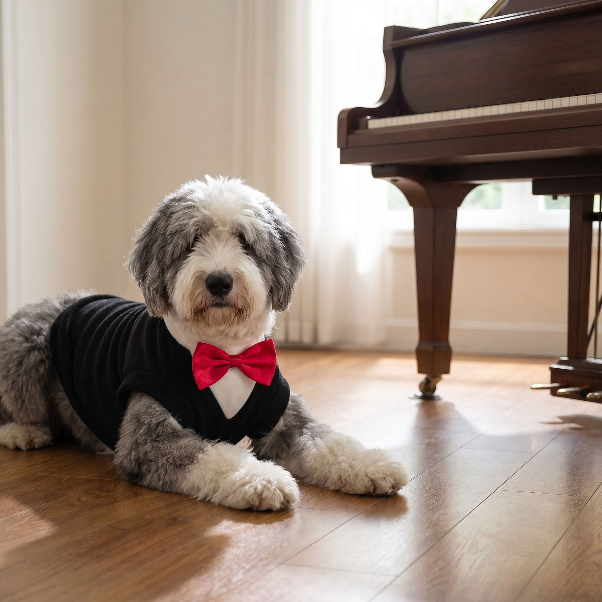 Old English Sheepdog lying on hardwood floor next to a grand piano, wearing the PAWSE black dog tuxedo in soft window light