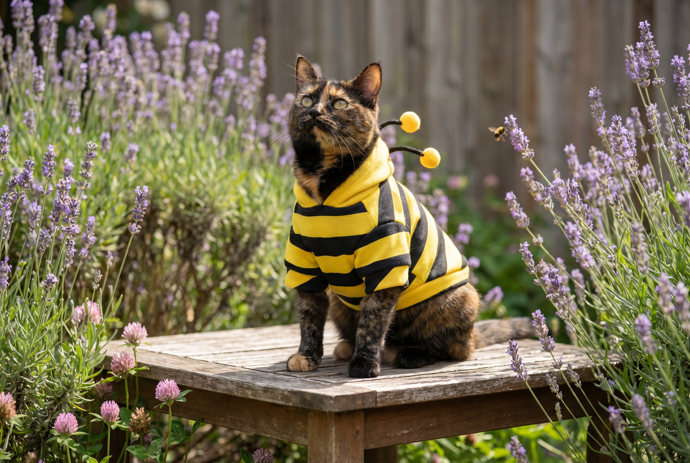 Tortoiseshell cat in the bumblebee hoodie sitting on a wooden bench in a lavender garden