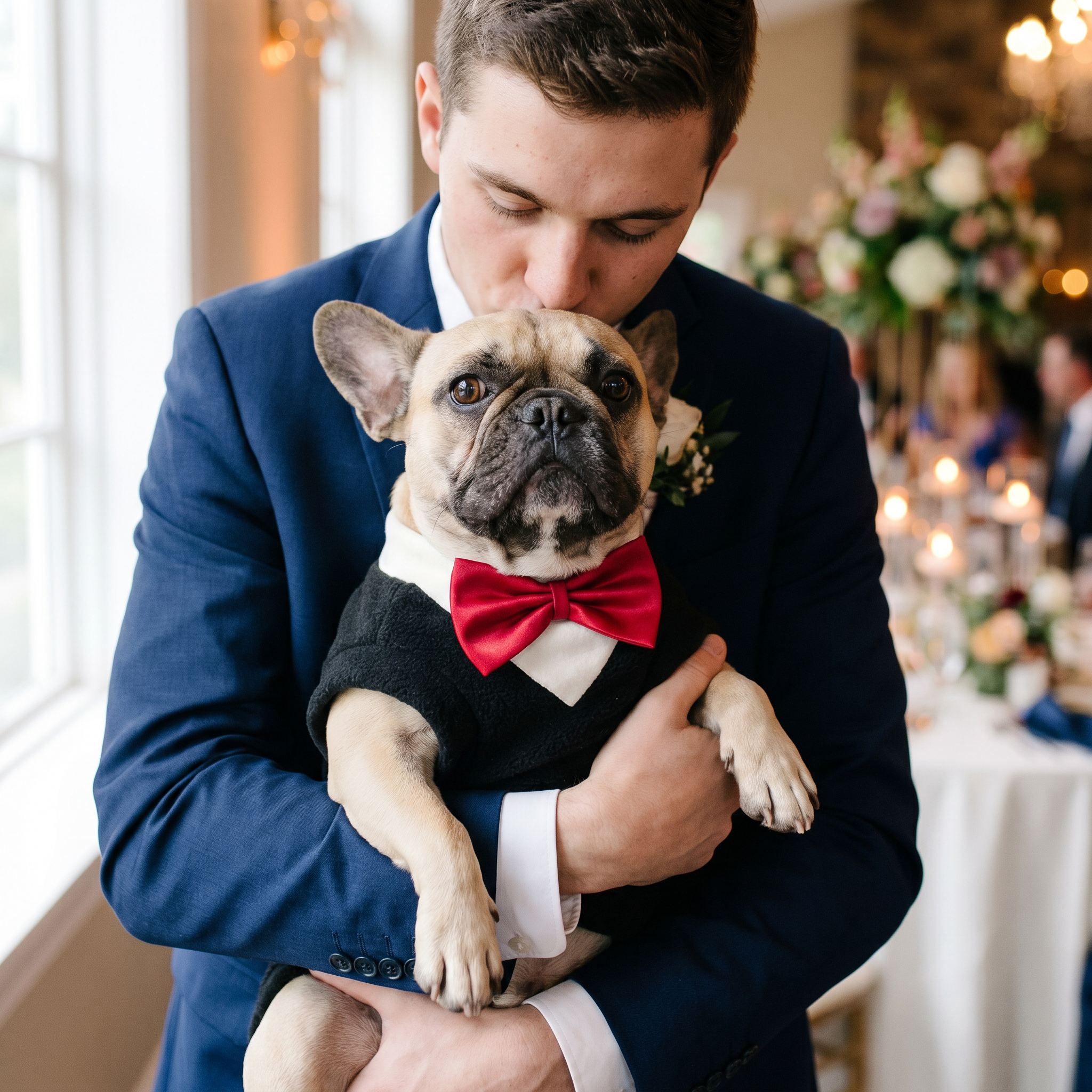 Man in navy suit gently kissing his French bulldog at a wedding venue, dog wearing the PAWSE black dog tuxedo with red bow tie