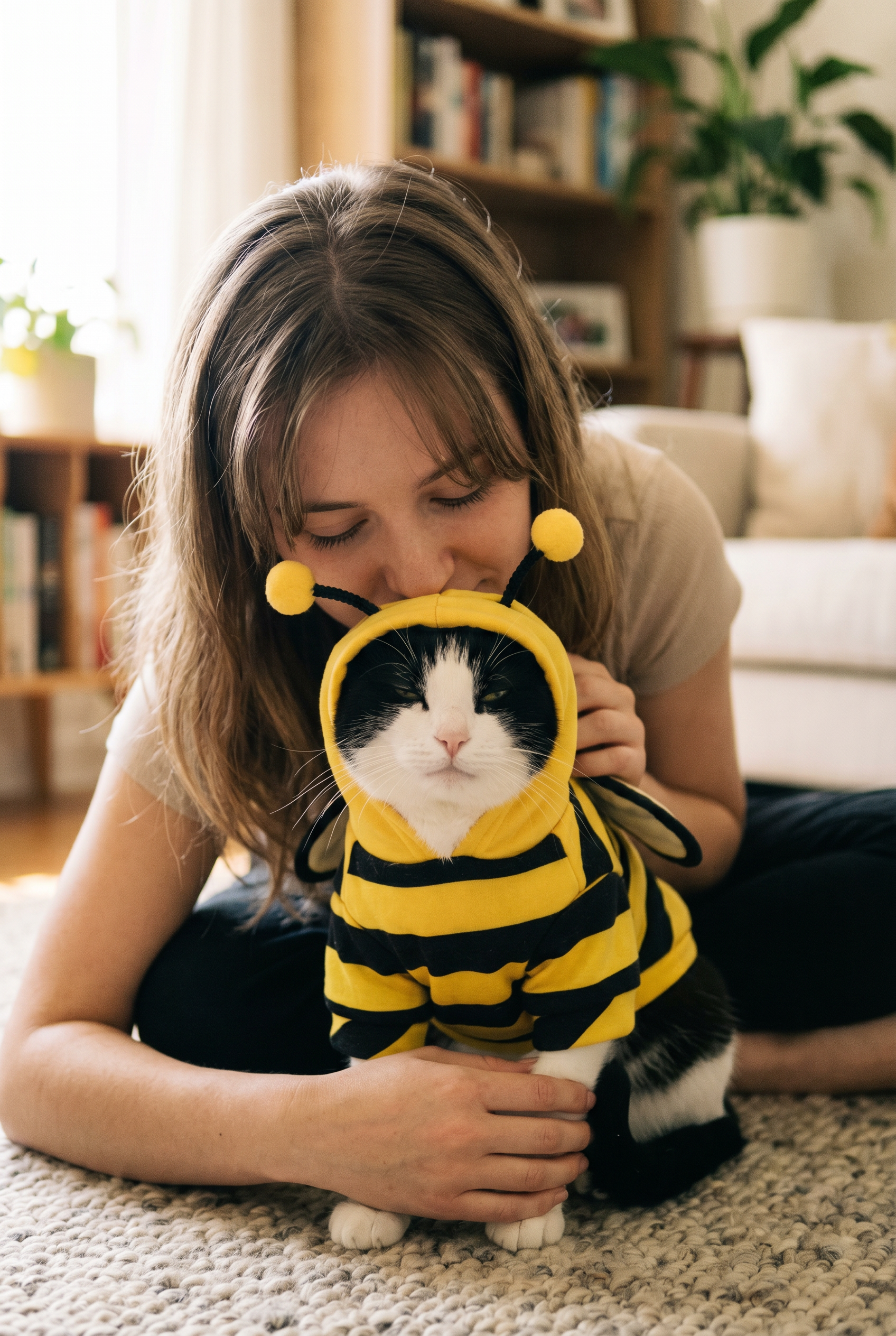 Woman gently nuzzling the top of her cat's bumblebee hood in a warm living room